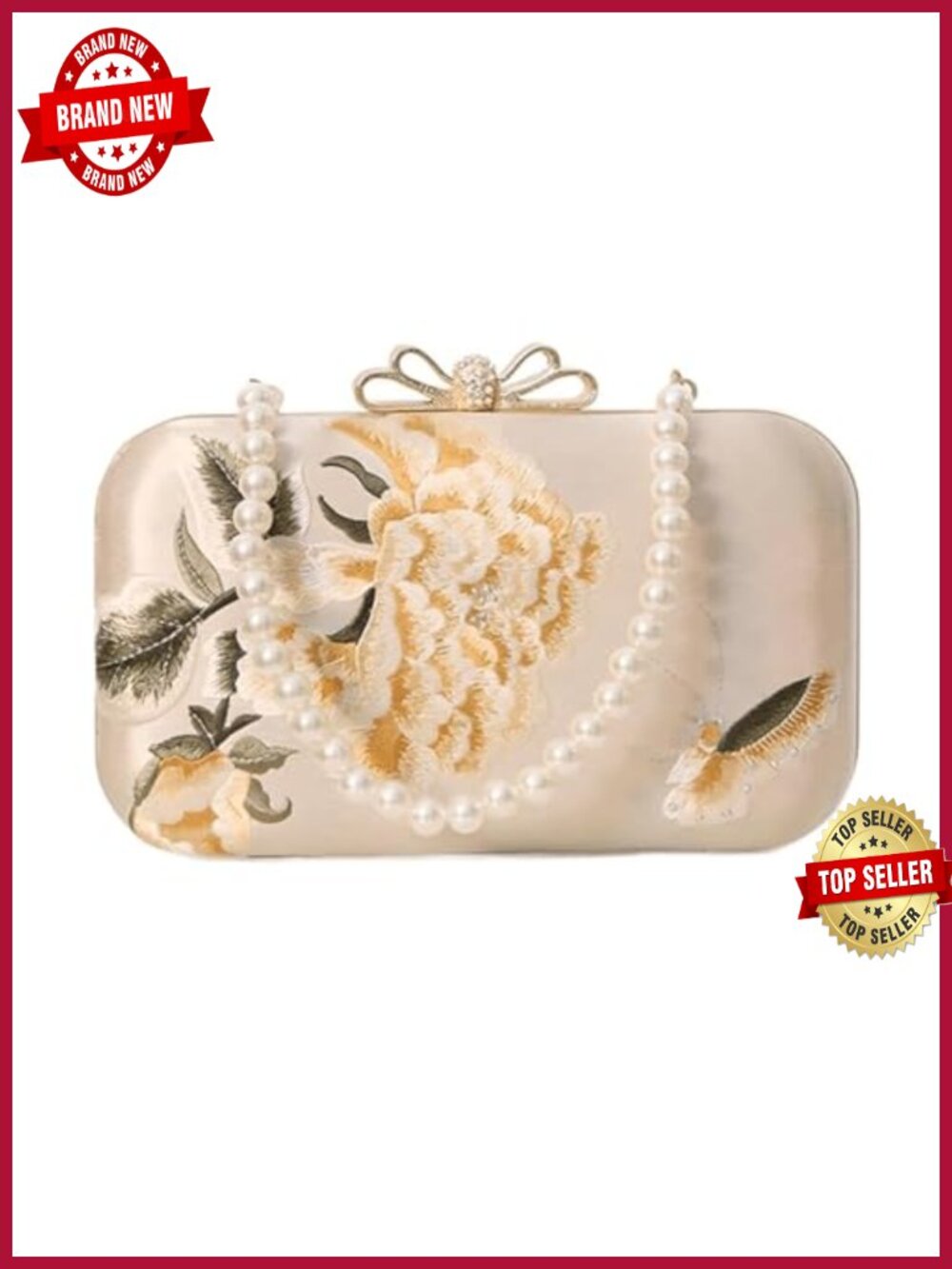 Floral Evening Clutch Purse with Pearl Chain Removable Crossbody Shoulder Bag